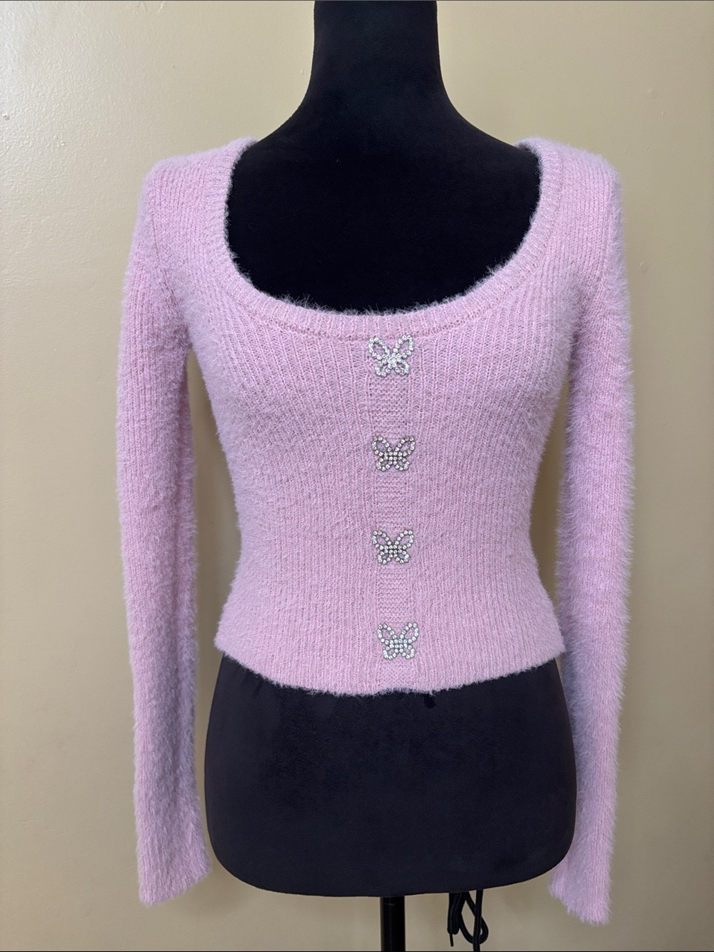 No Boundaries Light Pink Fuzzy Scoop Neck Sweater